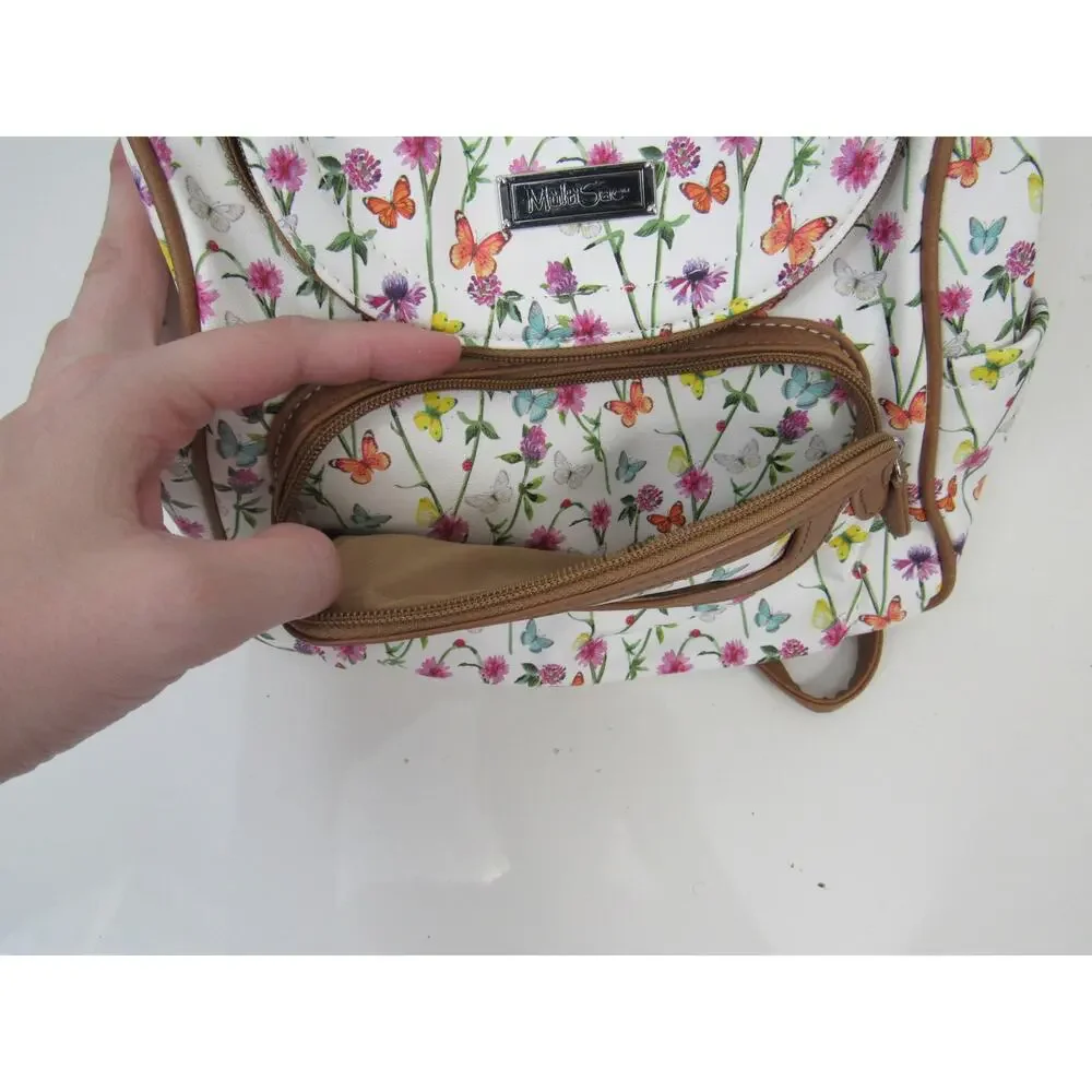 Multisac Major Backpack Floral Butterflies White Brown Multi Pocketed Adjustable